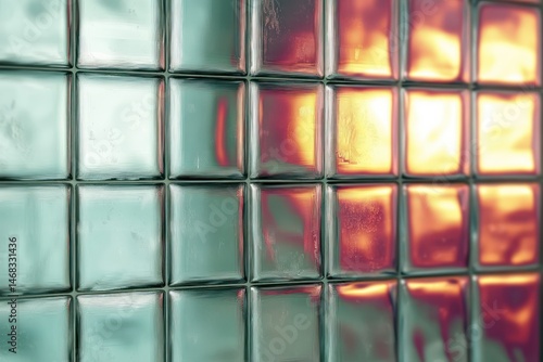 Close-up of textured glass blocks with light shining through  creating a warm glowing effect fading into cool blue tones
