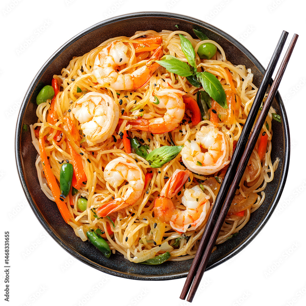 Rice noodles with shrimps and vegetables close-up on the table. top view , isolated on transparent background . PNG, cutout, or clipping path.