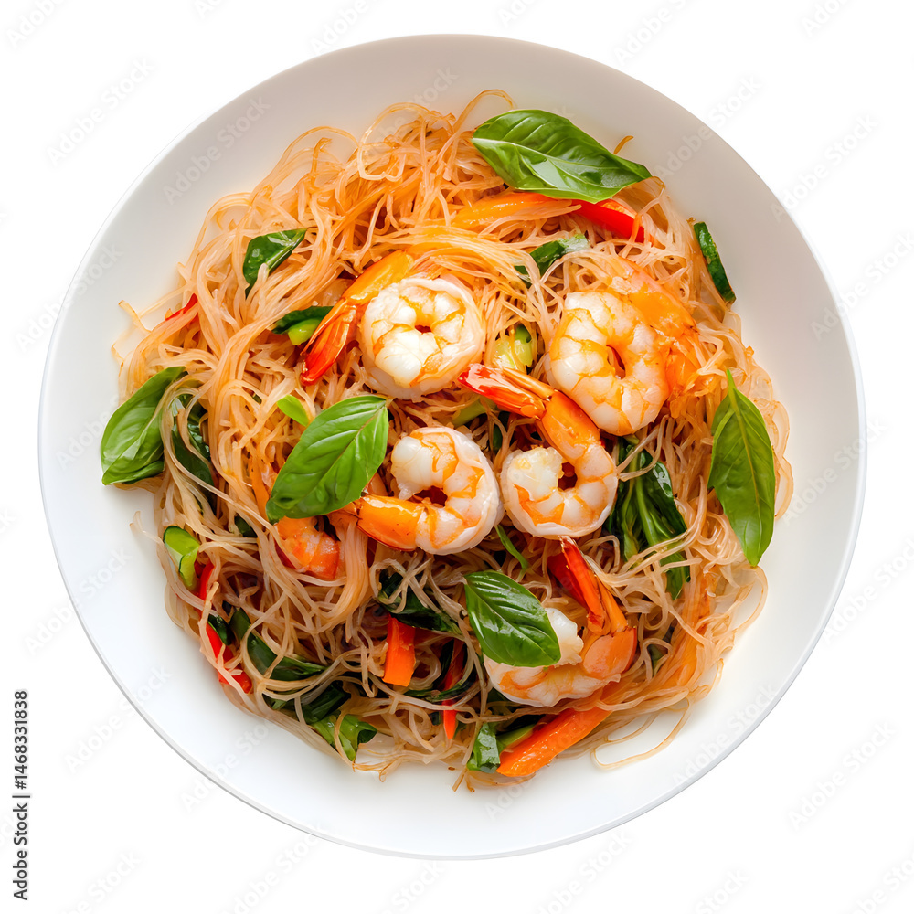 Rice noodles with shrimps and vegetables close-up on the table. top view , isolated on transparent background . PNG, cutout, or clipping path.