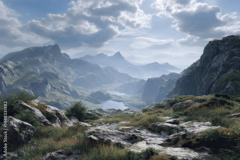 Majestic mountain vista, serene lake nestled in valley. Breathtaking scenery, tranquil atmosphere. Majestic mountain vista, serene lake nestled in valley. Breathtaking scenery, tranquil atmosphere.