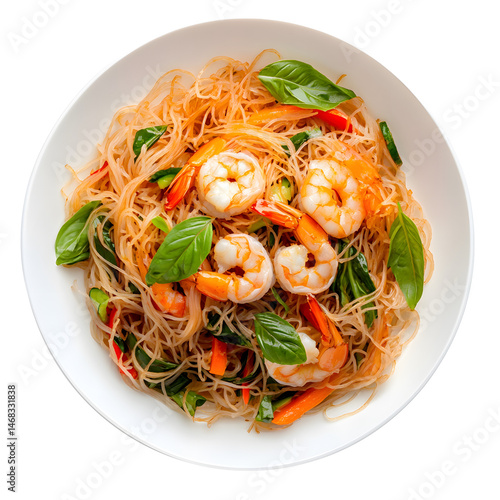 Obraz na płótnie Rice noodles with shrimps and vegetables close-up on the table. top view , isolated on transparent background . PNG, cutout, or clipping path.
w salonie