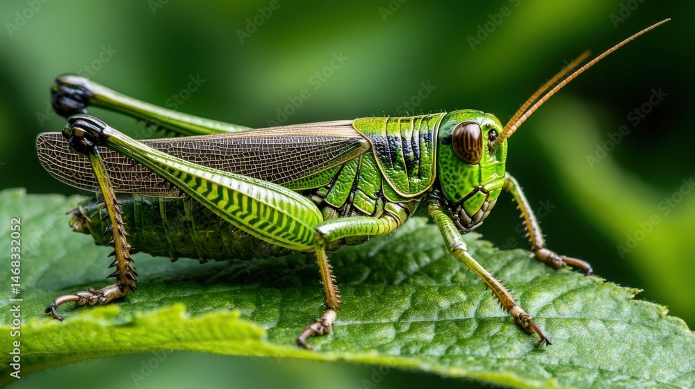 Detailed close-up of a vibrant green grasshopper. Detailed close-up of a vibrant green grasshopper.
