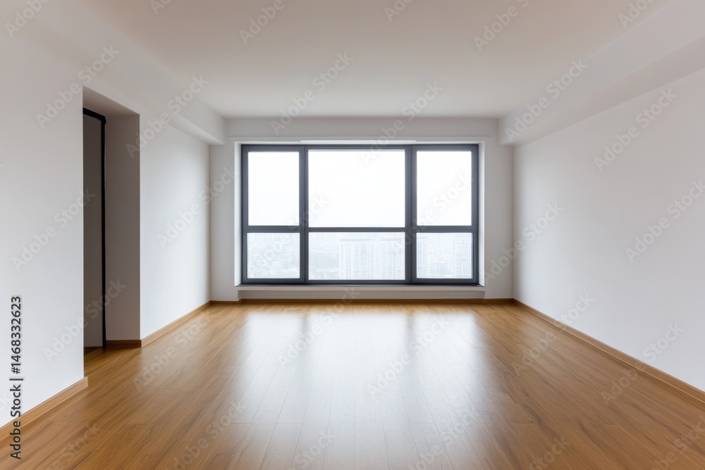 Fototapeta premium Modern empty apartment with large windows showcasing a view of the city skyline
