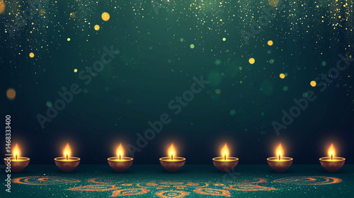 Diwali Themed Banner Wallpaper with Lit Diya Lamps Lined Up on the Floor, Set Against a Dark Green to Gold Glittering Gradient Background, Featuring Rangoli Motifs Adorning the Bottom for a Festive 