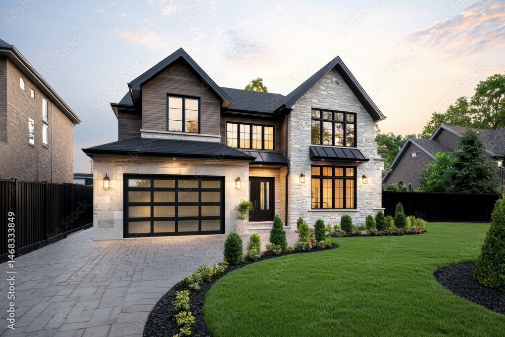 A large brick house with a black garage door and a black roof A large brick house with a black garage door and a black roof