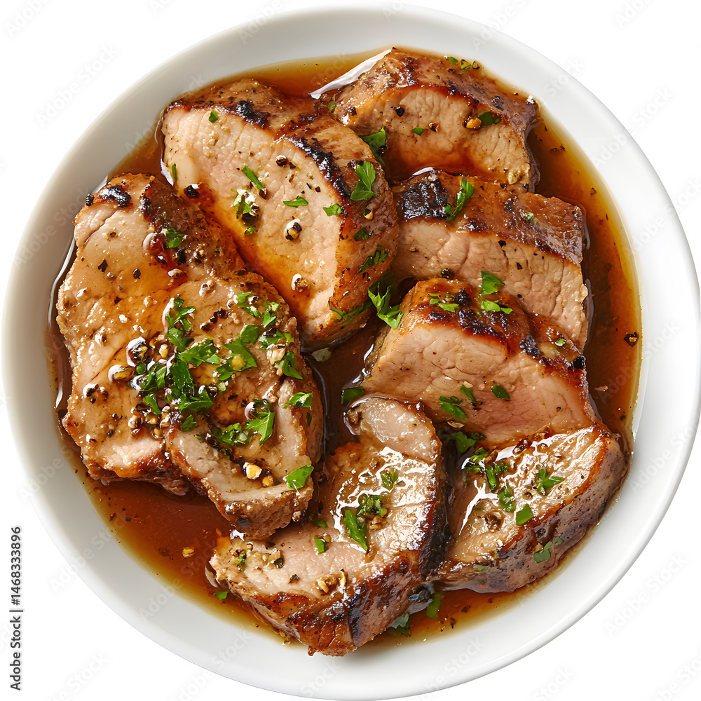 slices of veal cooked in a sauce dish cutout png isolated on white or transparent background
