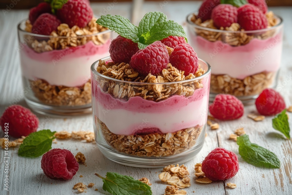 Close-up of three glass cups with layered granola, creamy yogurt mixed with raspberry puree, topped with fresh raspberries and green mint leaves, placed on a rustic wooden surface Close-up of three glass cups with layered granola, creamy yogurt mixed with raspberry puree, topped with fresh raspberries and green mint leaves, placed on a rustic wooden surface