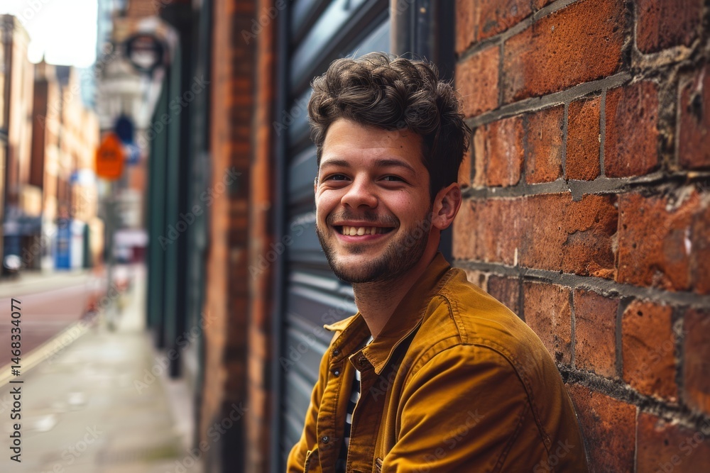 Portrait of a handsome young man with curly hair smiling in the city
