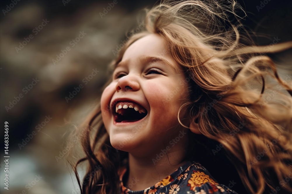 Portrait of a little girl with long hair in the wind.