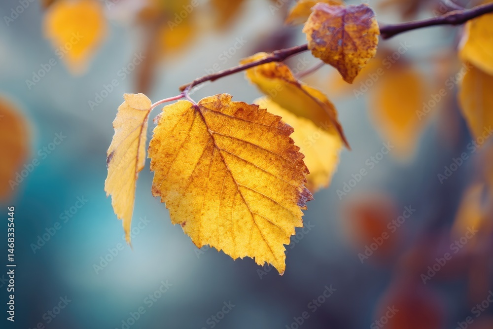 Obraz premium Close-up view of vibrant autumn leaves on a branch.