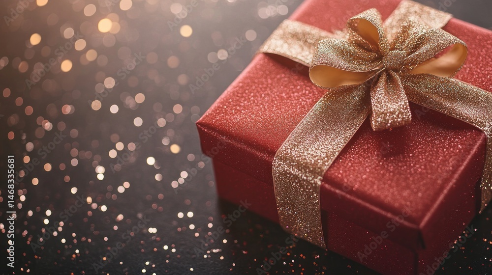 Fototapeta premium Red gift box with golden ribbon, festive bokeh background