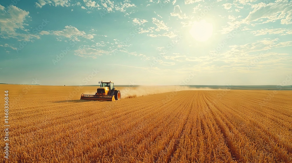 Tractor Plowing Golden Wheat Field Under Bright Blue Sky Tractor Plowing Golden Wheat Field Under Bright Blue Sky
