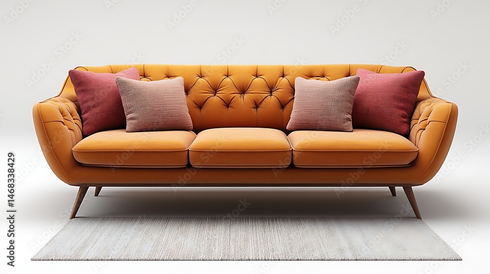 Fototapeta premium Pink tufted sofa featuring yellow pillows high resolution picture