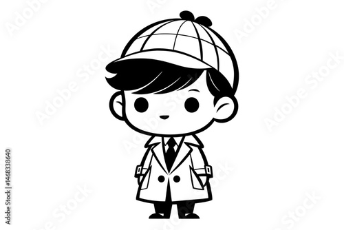Cute cartoon boy detective in trench coat and checkered cap line icon style. Clipart image isolated on background.
