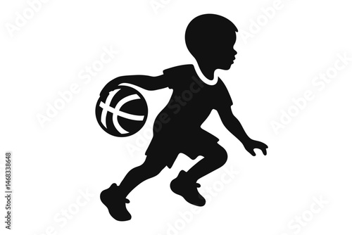 Silhouette of young basketball player dribbling ball. Clipart image isolated on background.