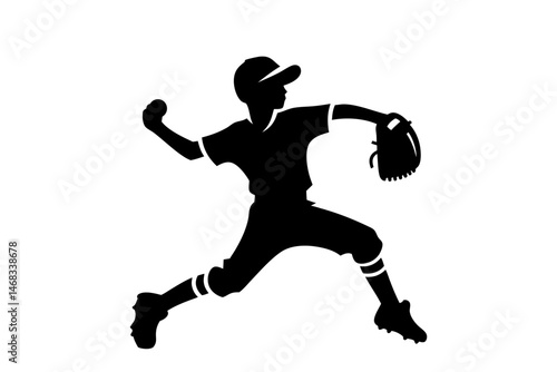 Boy baseball player silhouette in action catching ball. Clipart image isolated on background.