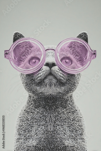 Cute Cat Wearing Glasses Pop Art Digital Illustration Funny Fashionable Pet Portrait Detailed Expression Colorful Whiskers Trendy Eyewear Playful Style Vintage Kawaii Unique Design Feline Photography