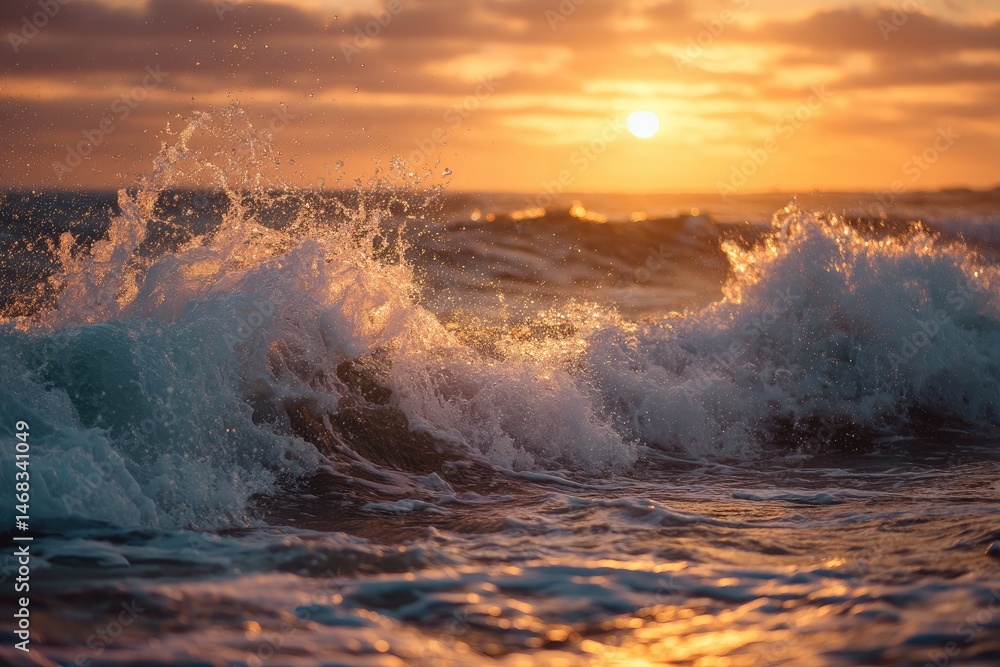 Fototapeta premium Powerful waves crashing at sunset over water.