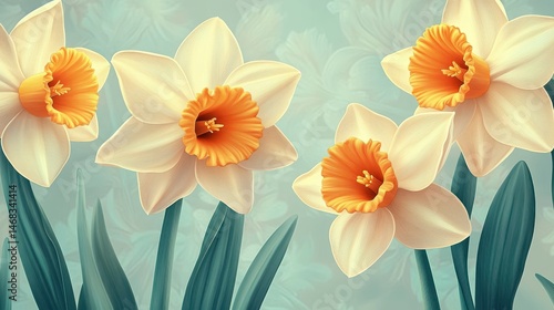 Close-up of four blooming daffodil flowers with cream petals and vibrant orange trumpet centers against soft blue-green background