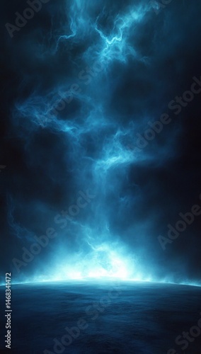Mystical blue lightning illuminating a dark and foggy landscape creating an eerie and powerful atmosphere