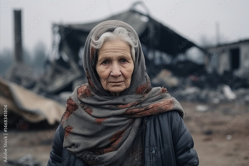 Portrait of an elderly woman on the background of a destroyed house