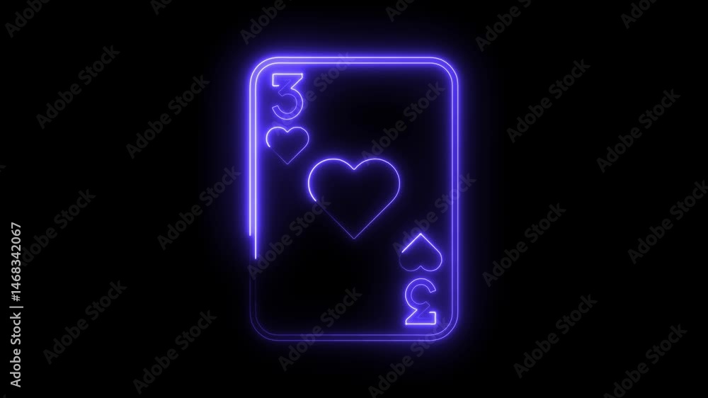 Three of hearts playing card with a glowing neon effect against a black background