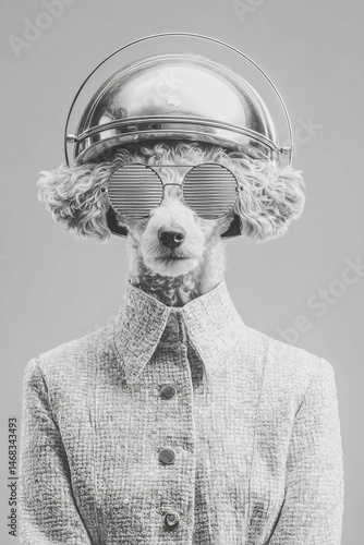 Elegant Black & White Poodle Dog Portrait Wearing Safari Hat Sunglasses Tuxedo Fashion Accessories Quirky Fun Pose Playful Humorous Stylish Canine Unique Vintage Design Chic Dapper Aesthetic