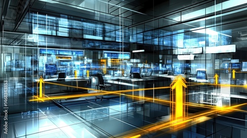 Futuristic data center insight with glowing direction arrows modern server room visualization and innovative computing concept rendering