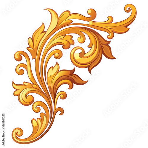 A gilded baroque corner ornament with swirling flourishes on white background