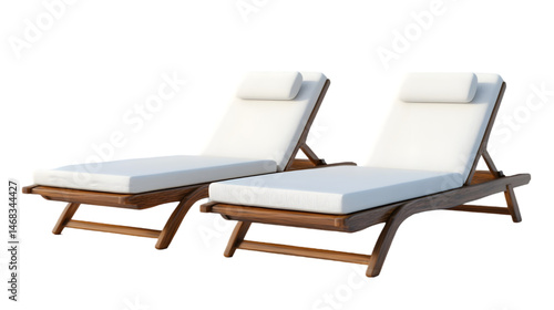 Two wooden sun loungers with soft white cushions are arranged in a relaxing summer patio setting isolated on a transparent background.