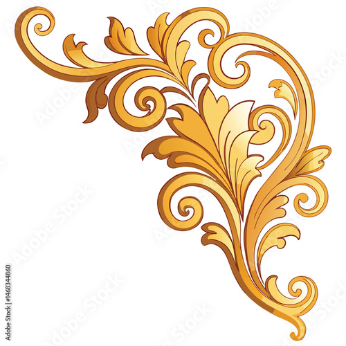 A gilded baroque corner ornament with swirling flourishes on white background
