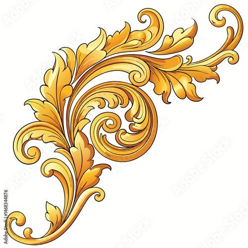 A gilded baroque corner ornament with swirling flourishes on white background