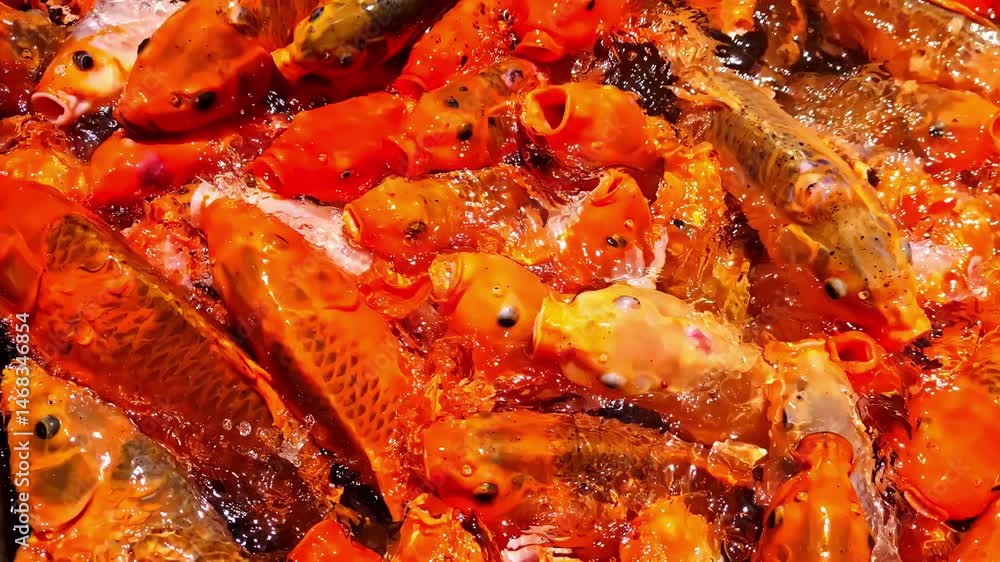View of multiple hungry red carp fishes gathered for obtaining food at Pura Tirta Empul in Bali, Indonesia. View of multiple hungry red carp fishes gathered for obtaining food at Pura Tirta Empul in Bali, Indonesia.