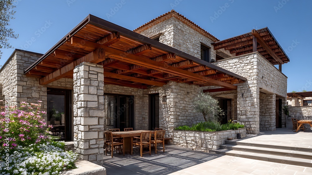 A contemporary tuscan style stone house with modern wooden patio pergola shading system, combination local natural stone with wood A contemporary tuscan style stone house with modern wooden patio pergola shading system, combination local natural stone with wood