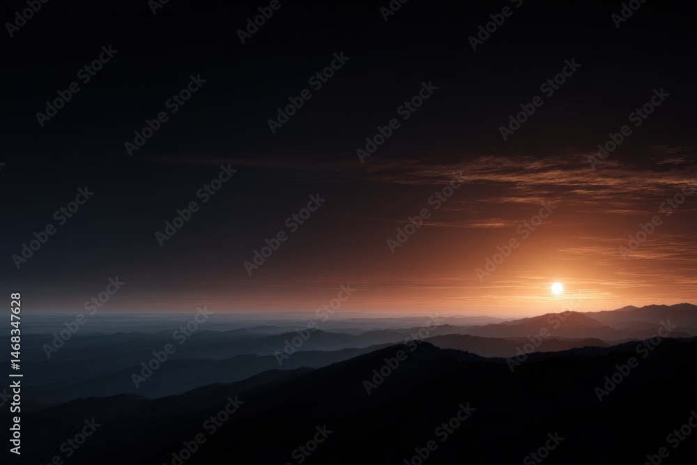Obraz premium Serene sunset over a mountain range. Warm hues paint the sky.
