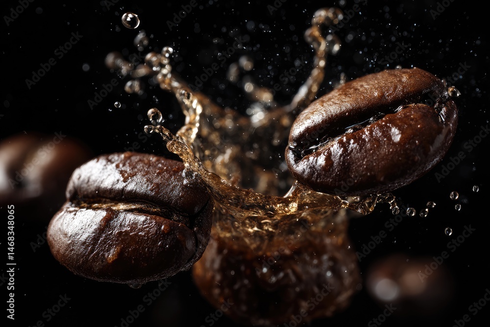 Coffee beans in mid-air with an explosion of liquid droplets. Coffee beans in mid-air with an explosion of liquid droplets.
