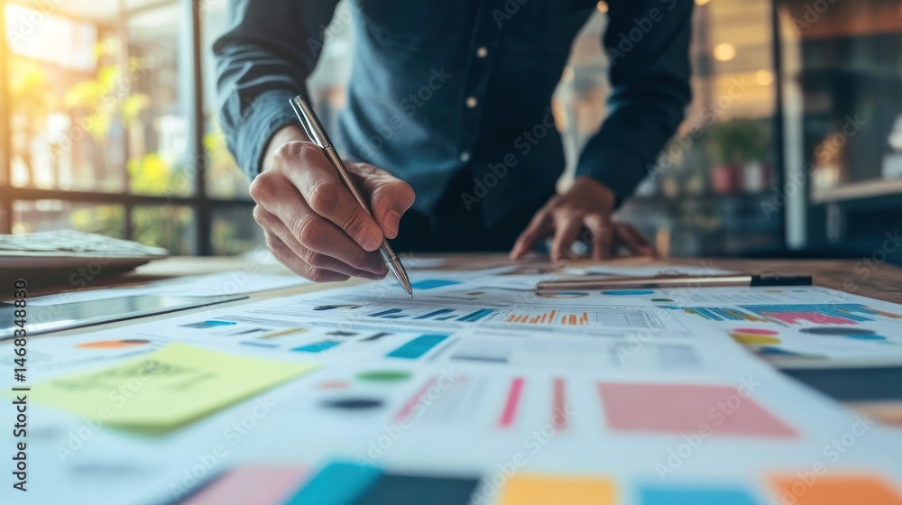 A person meticulously analyzing financial reports and data. A person meticulously analyzing financial reports and data.