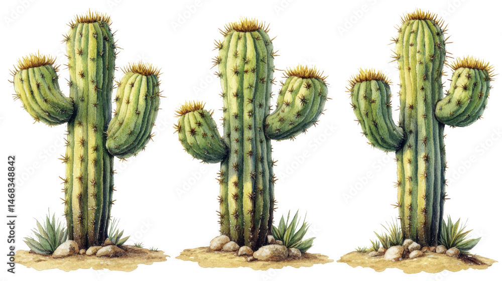 Watercolor Illustration of Three Saguaro Cacti on Transparent Background Watercolor Illustration of Three Saguaro Cacti on Transparent Background