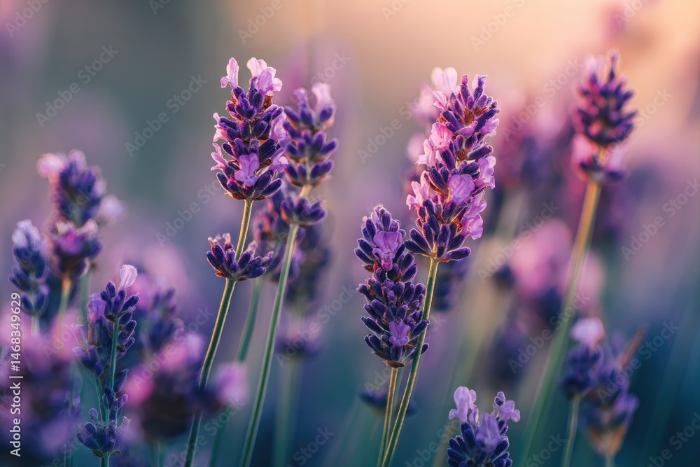 Naklejka premium Soft, vibrant lavender blossoms in a field at dawn.