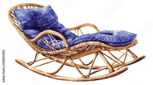 Relaxing wicker rocking chair with plush blue cushions