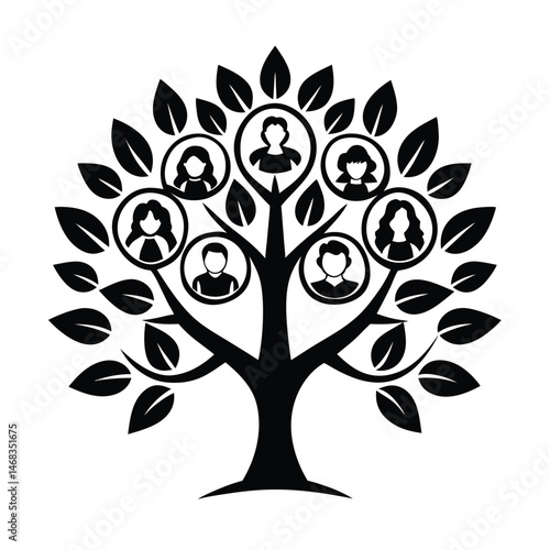 A simple black and white illustration depicting a family tree concept with people icons as leaves for graphic design purposes.