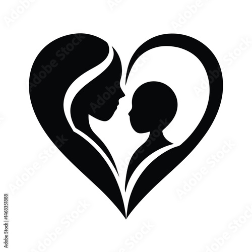 Symbolic black silhouette image of a mother and child embraced in a heart shape expressing love and connection.