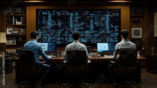 Security control room monitoring digital data streams and cyber threat analysis with specialist team viewing interactive display wall