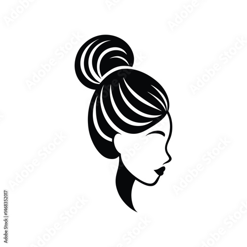 Elegant silhouette of a woman with a stylish updo hairstyle in black and white minimalist design
