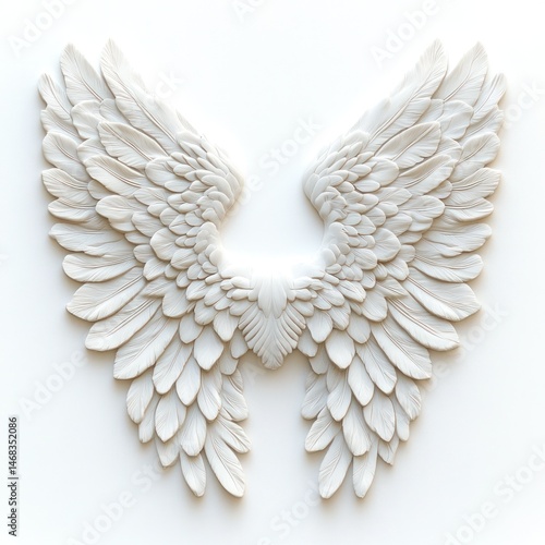 Majestic pair of white angel wings spread wide in an ethereal heavenly backdrop  The intricate feather patterns and soft delicate textures create a visually transcendent image  This symbolic