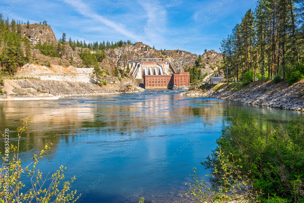 Fototapeta premium The hydroelectric powerplant reservoir and dam along the Spokane River at Long Lake, Lake Spokane, Washington State.