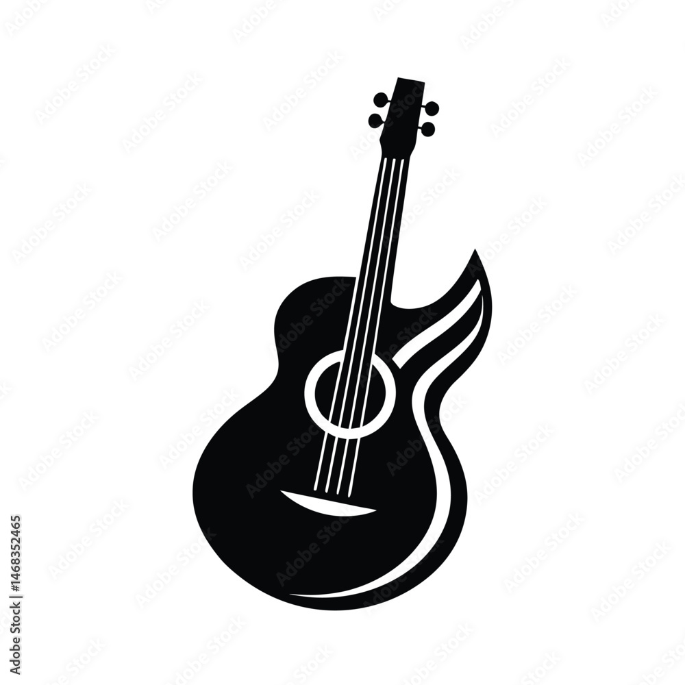 Fototapeta premium Simple black and white acoustic guitar illustration depicting musical instrument vector design on white background