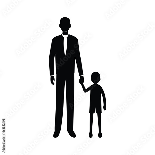Silhouetted illustration of a father holding his son's hand depicting family bonding and parenthood concept