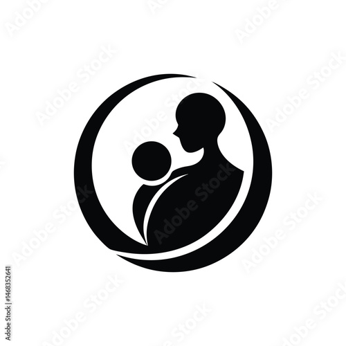 Minimalist black and white logo depicting a mother holding a baby within a circular frame symbolizing love