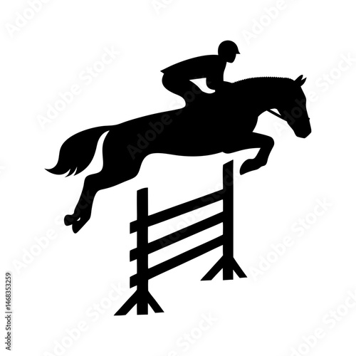 Horse and rider jumping a hurdle in black silhouette isolated on white